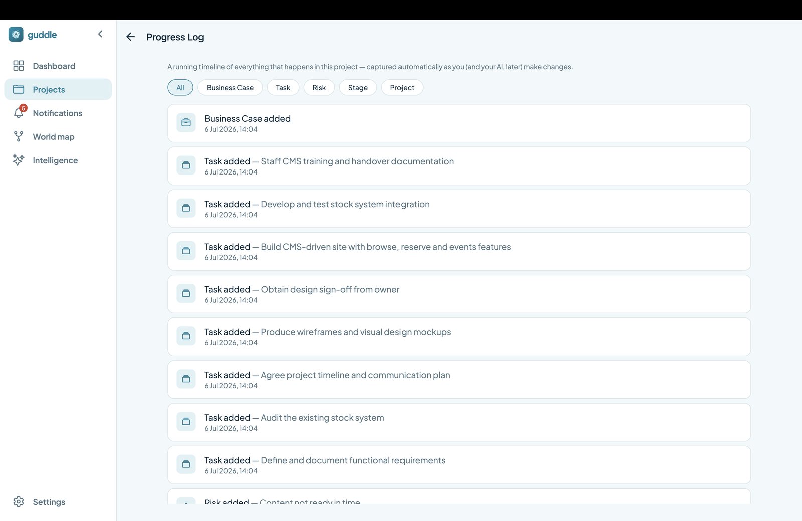 The project progress log: every change attributed with who, what and when